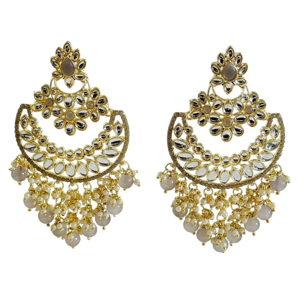 VTG‎ Regal Earrings Chandelier Gold Glass Beaded Clear Cabochon Statement Rare